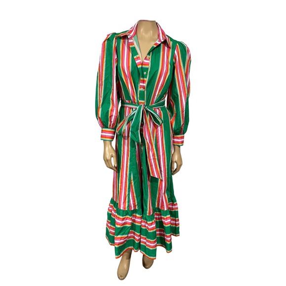 Boden Dresses & Skirts - BODEN Striped Shirt Dress Maxi Green Pink White Orange Belted Puff Sleeve